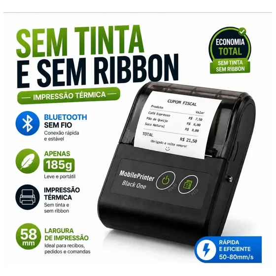 Mini Impressora Térmica Portátil Bluetooth 58mm Sem Tinta para Recibos Pedidos Comandas Android iOS USB Recarregável Black One