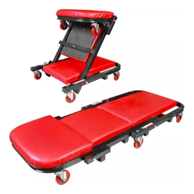 Camilla De Mecánico Con 6 Ruedas Plegable Soporta 150 Kilos ( Rojo) Piso Asiento Camilla Taller Mecánico Roja Ajustable 2 En 1 Proway