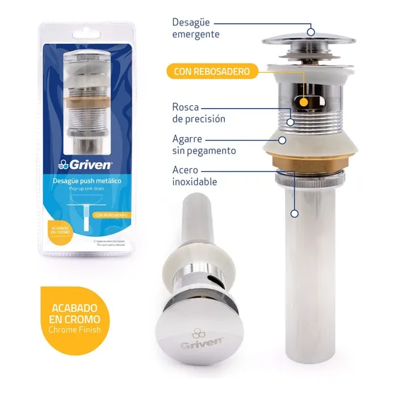 Desague Lavamano Metalico Push Con Rebosadero Griven