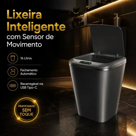 Lixeira Inteligente Automática Preta Universal Com Sensor Hearbuds Recarregável Anti Odor 16l Preto