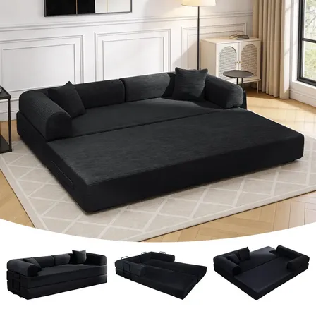 Sofá-cama Modular 3 Lugares de Veludo Cotelê Cinza com Colchão Dobrável e Capa Removível