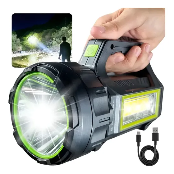 Lanterna De Led Tática Grande Com Luz Forte Tipo Farolete 100000 Lúmens Recarga Usb E Solar Power Bank 7 Modos Ideal Para Uso Rural Camping Trilha Pesca Emergência E Segurança Noturna