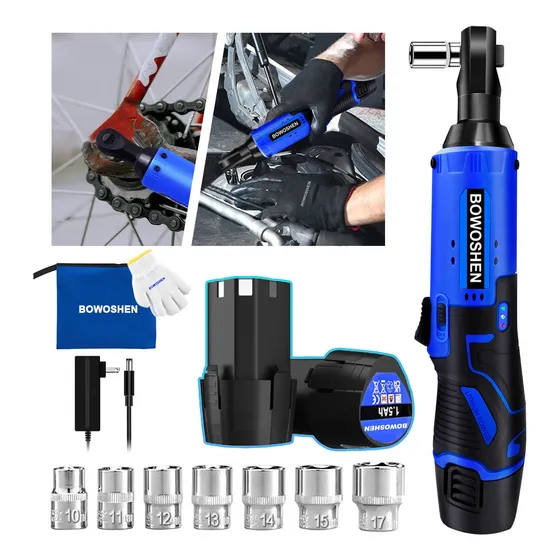 Llave De Impacto Inalámbrico 3/8 Con 2 Baterías Y 7 Dados Bowoshen Pistola De Impacto Matraca Eléctrica Llave De Carraca De Velocidad Variable Azul 12v