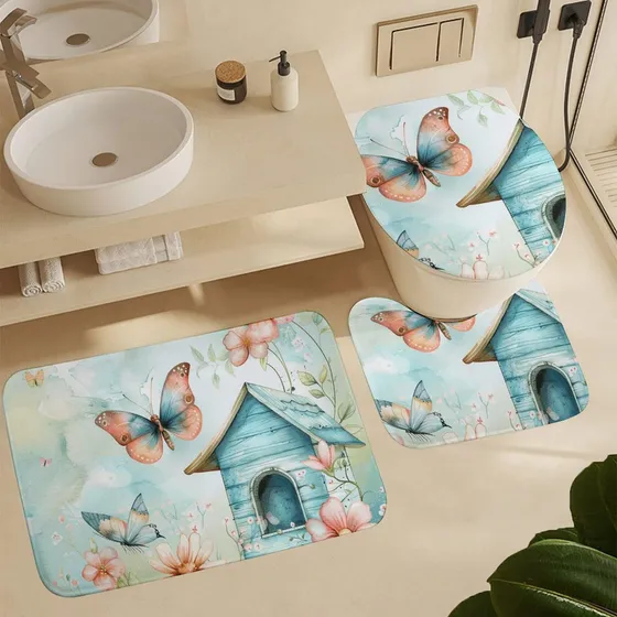 Alfombra Baño 3 Pieza Diseño Casa Pajaro Azul Para
