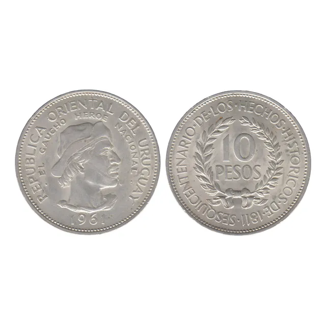 2 Monedas Uruguay 10 Pesos 1961 Gaucho Plata 900 Perfecta Kj