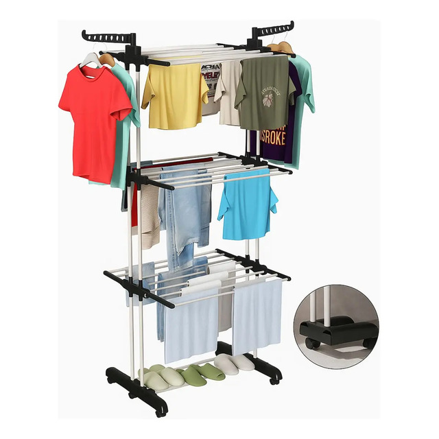 Varal De Chão Epsilon Varal De Roupas 3 Andares Dobrável Grande C/ 4 Rodas Cor Preto Varal De Chão Epsilon Varal De Roupas 3 Andares Dobrável Grande C/ 4 Rodas Cor Preto