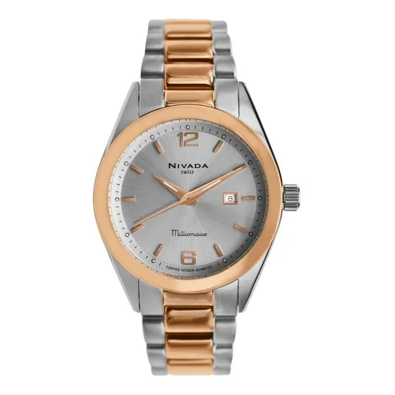 Reloj Nivada Millionaire Dama, Carátula Plata, Pvd Oro Rosa Correa Bicolor Fondo Plateado