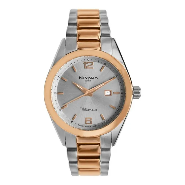 Reloj Nivada Millionaire Dama, Carátula Plata, Pvd Oro Rosa Correa Bicolor Fondo Plateado