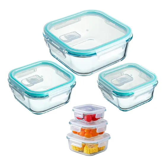 Set X3 Taper Hermetico De Vidrio Microondas Horno Freezer Heladera Sin Derrame Vianda Lunchera Levys Bazar Cuadrados Juego Recipientes Cocina