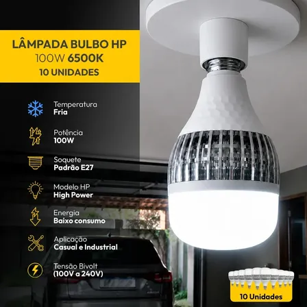 Kit 10 Lâmpadas LED Bulbo 100W Alta Potência Branco Frio 6500K Bivolt E27 - Super Bulbo Econômica 8000 Lúmens Ideal Galpão Fábrica Comércio