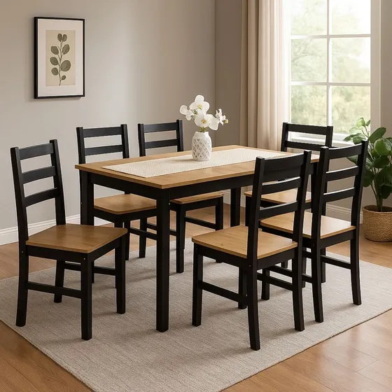 Juego De Comedor 6 Sillas - Mesa - Madera Maciza Pino - Lcm Color Negro/Miel