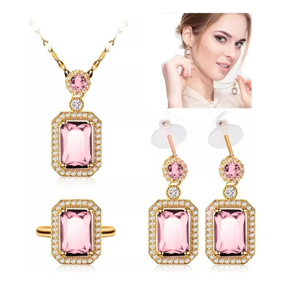 Juego De Collar Aretes Y Anillo Set Joyería Joyer Rose Mujer