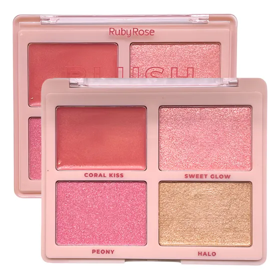 Paleta Blush E Iluminador Shine 4 Tons 19,41g - Ruby Rose Tom Da Maquiagem Coral Kiss | Sweet Glow | Perony | Halo