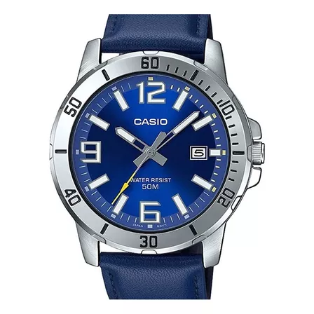 Reloj de pulsera Casio Dress MTP-VD01sg1-B de cuerpo color plateado, analógico, para hombre, fondo azul, con correa de cuero color azul, agujas color gris, blanco y amarillo, dial blanco y plateado, m