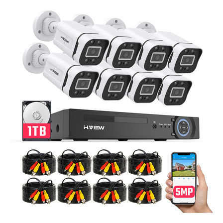 H.VIEW Kit De Cámara De Videovigilancia Circuito Cerrado 5mp 8 Cámaras Exterior Disk 1000gb Dvr Accesorios Incluidos Cámaras de Seguridad con Detección de Movimiento HV-88AHD5001-1TB H.VIEW Kit De Cámara De Videovigilancia Circuito Cerrado 5mp 8 Cámaras Exterior Disk 1000gb Dvr Accesorios Incluidos Cámaras de Seguridad con Detección de Movimiento HV-88AHD5001-1TB