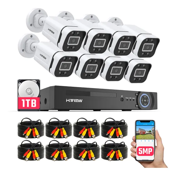 H.view Kit De Cámara De Videovigilancia 5mp 8 Cámaras Exterior 1000gb Dvr Hv-88ahd5001-1tb