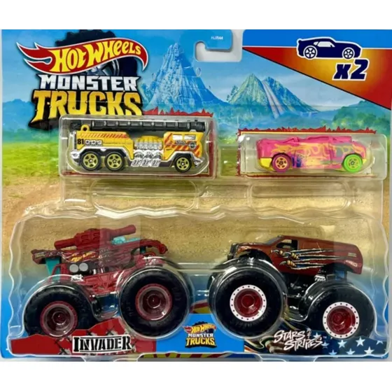 Set De 2 Camiones Monstruos Y 2 Carritos Hot Wheels