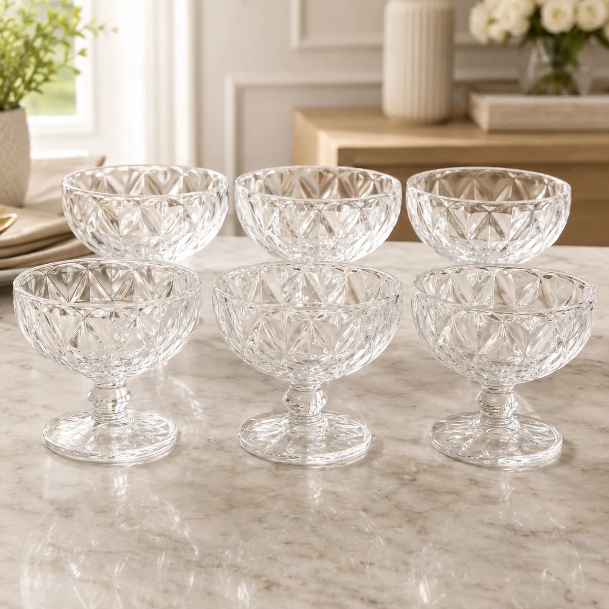 Conjunto de 6 tigelas de sobremesa de vidro transparente com design lapidado estilo Diamond, dispostas sobre uma mesa de mármore.
