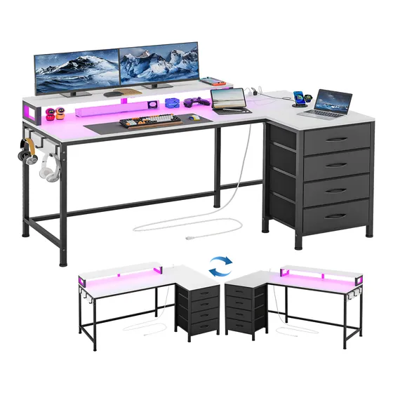 Escritorio Reversible Forma De L Con 4 Cajones Y Luces Led