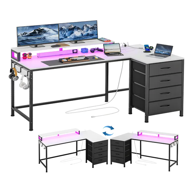 Escritorio Reversible Forma De L Con 4 Cajones Y Luces Led