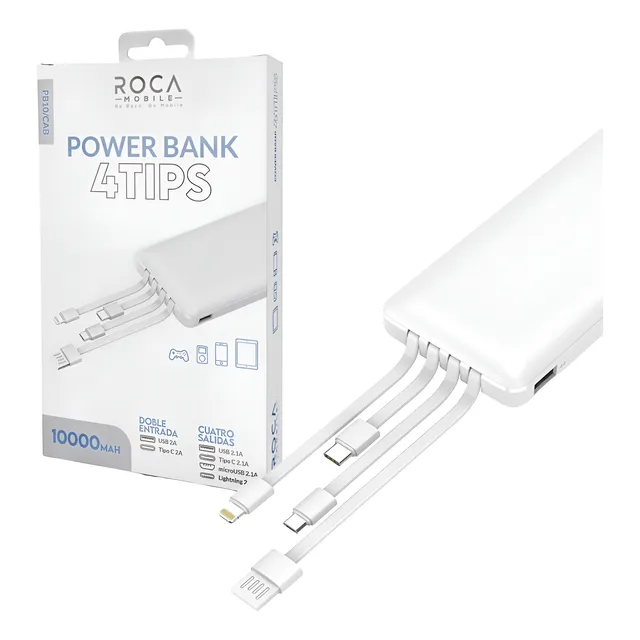 Power Bank Roca Pb10/cab 10.000mah Cables Incorporados Blanco