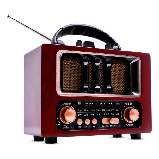 Radio Vintage Bluetooth Analógico Com Relógio Fm Am Sd Alça