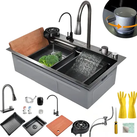 Fregadero De Cocina Vratopbrand 75x46 De Acero Inoxidable Negro Con Accesorios Y Desagüe Antideslizante 75x46 Negro