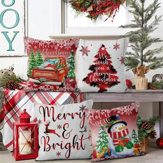 Gcirec 4 Funda Almohada Navidad 18 X 18  Tela Lino Para Rojo