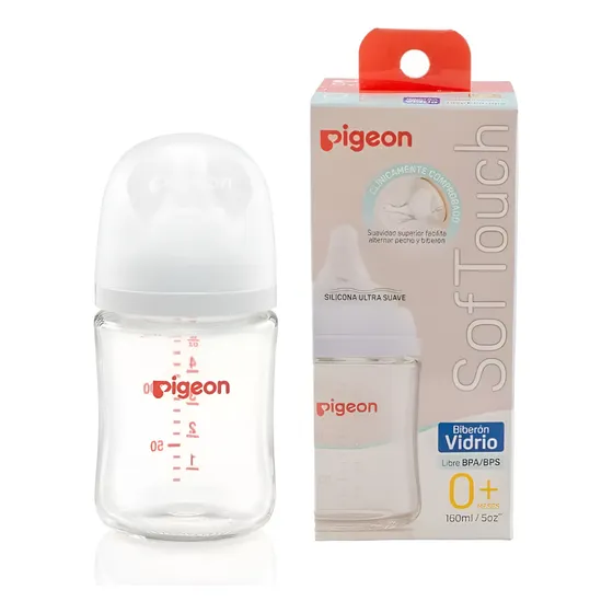 Mamadera Pigeon Vidrio Softouch Boca Ancha 160ml Edad0+meses Color Blanco Biberón Softouch Pigeon Vidrio