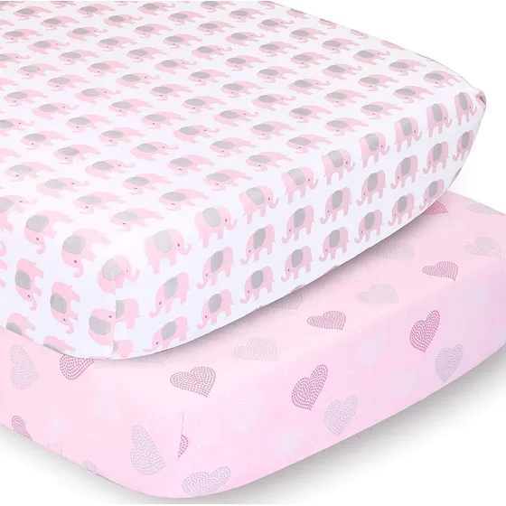 Sábanas Para Cuna De Niña / Set De 2 / Elefantes Y Corazones