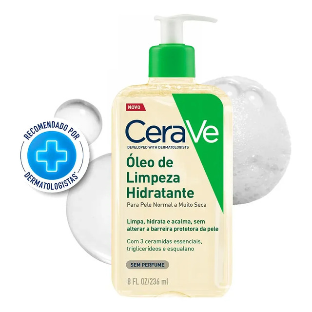 Frasco de Óleo de Limpeza Hidratante CeraVe de 236ml com válvula pump, posicionado sobre fundo branco com bolhas de sabão ao redor e selo de recomendação dermatológica.