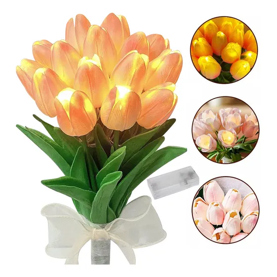 Lámpara De Tulipanes Led Luz Nocturna Con 10 Ramo Flores Estructura Rosa Pantalla Rosa Yuluo