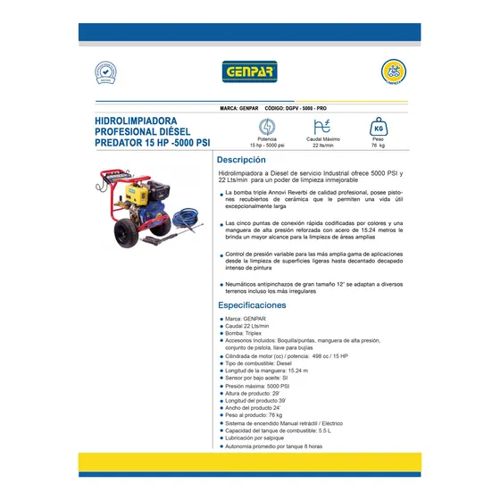 Hidrolavadora/hidroyet 15hp 5.000psi Gasoil. Genpar.