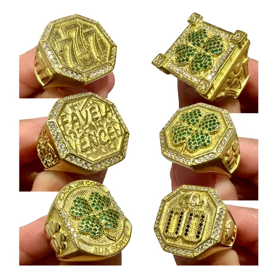 Dedeiras Aneis Moeda Antiga Cravejado Sorte 777 Cor Ouro 18k