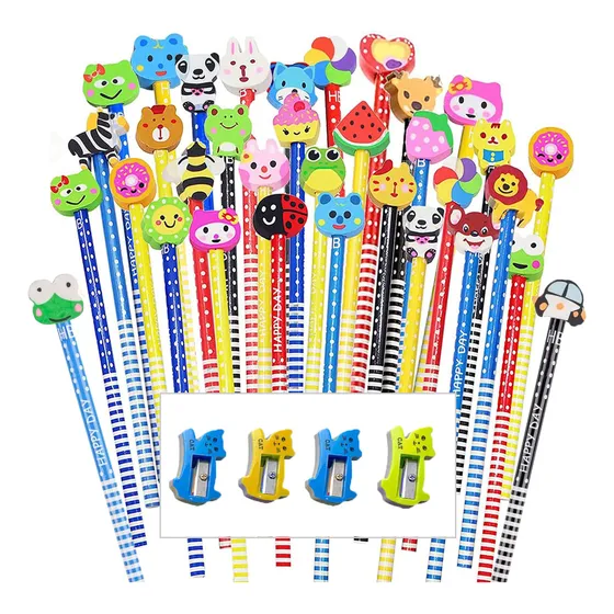 Set 80 Lápices Con 4 Sacapuntas Diferentes Diseños Animados