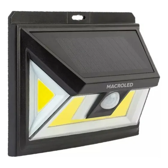 Reflector Led Solar Pared 5w Macroled C/ Sensor Movimiento Carcasa Negro Luz Blanco Cálido