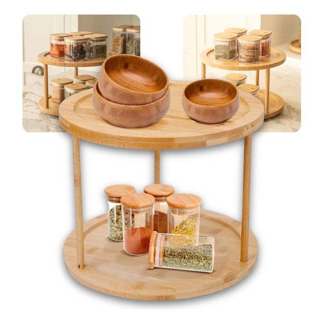 Organizador De Bambu Giratório 2 Andar Cozinha Porta Tempero