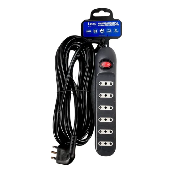 Alargador Zapatilla 6 Tomas 2p+t 10a Negro 5 Mts Lexo