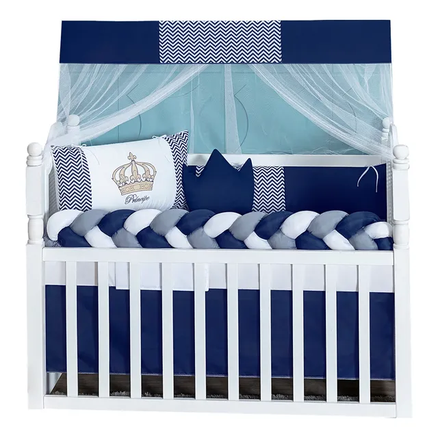 Kit Berço Trançado Coroinha Menino Azul Com Saia Quarto Bebe