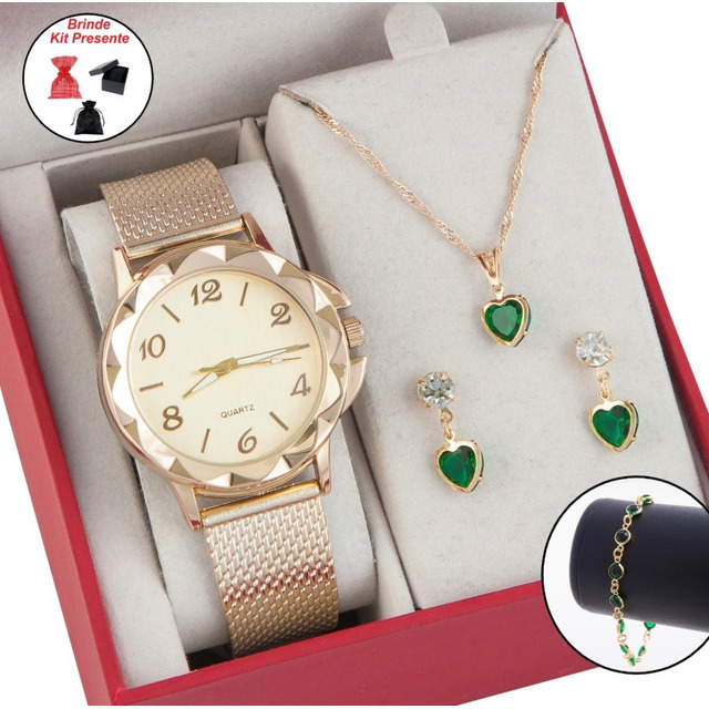 Relógio Feminino+ Kit Colar Brincos Pulseira Folheado A Ouro Relógio Feminino+ Kit Colar Brincos Pulseira Folheado A Ouro