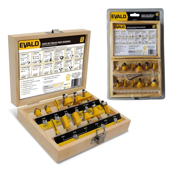 Kit Jogo Fresas Tupia Para Madeira 12 Peças Haste 6 Mm Evald