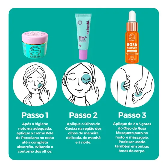 Kit Renovadores Faciais + Óleo De Rosa Mosqueta Kokeshi Com Óleo do arroz Farinha do arroz Óleo de rosa mosqueta Pantenol Óleo de amêndoa doce Chá verde e sálvia