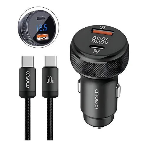 Carregador Veicular 60w Turbo Usb E Usb-c C Cabo Fonte Carro Cor Fonte + Cabo (preto)
