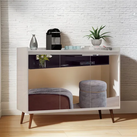 Buffet Aparador Balcão Para Sala Jantar Estar Com 3 Portas Espelho Espelhado Branco Gloss Retrô Moderno Promoção
