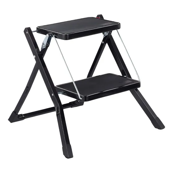 Escalera Multiuso Plegable 2 Peldaños Ultra Compacta Color Negro Escalera Pequeña Para Cocina Taburete Plegable De 2 Escalones Para Adultos Con Amplio Pedal Antideslizante Color Negro Proway