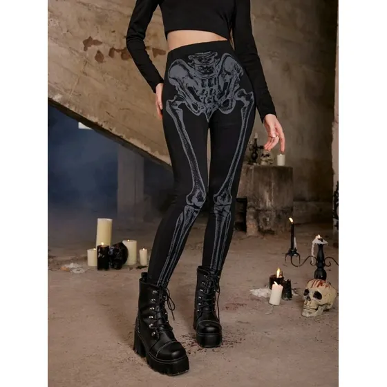 Legging Goth Con Estampado De Huesos, Esqueleto. Halloween