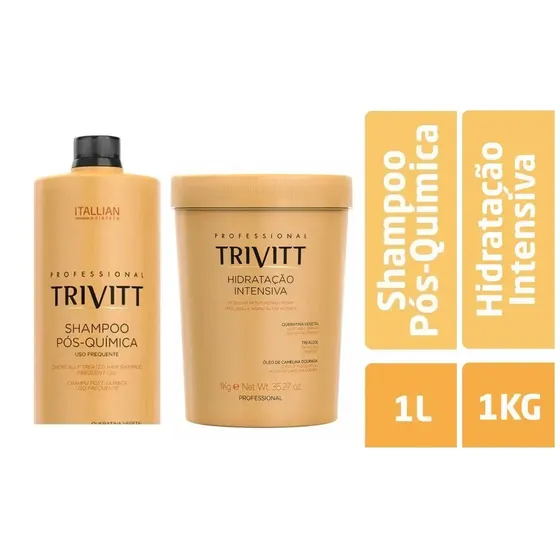 Shampoo Trivitt Pós-Química 1L + Mascara Trivitt Hidratação Intensiva 1kg fios macios e hidratados, reparando as partes danificadas dos fios - Itallian Hairteck