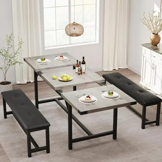 Mesa Comedor Extensible 4-6 Personas Con 2 Bancos Tapizados
