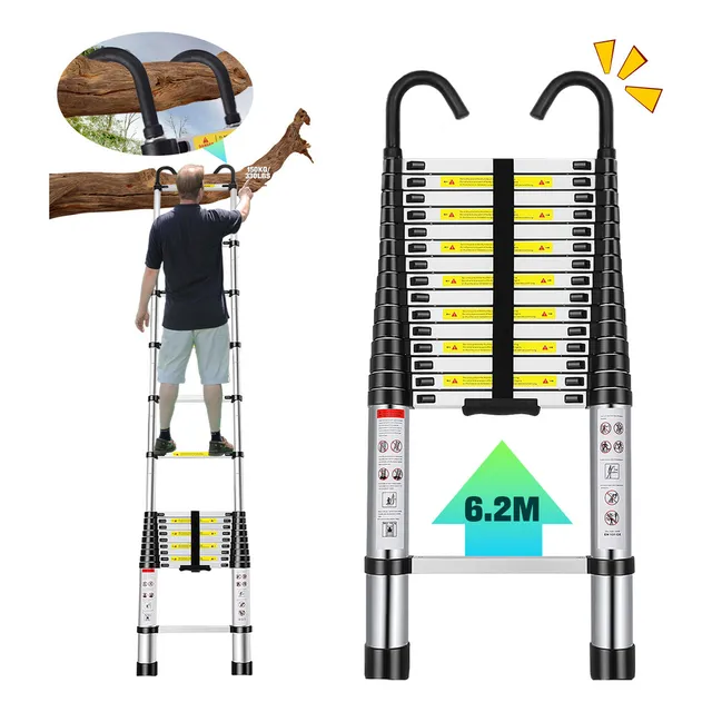 Escalera De Aluminio Retráctil Y Telescópica Multiposiciones 6.2M Con 2 Ganchos BOWOSHEN Escalera Plegable Extensible Compacta y Portátil Escalera Fácil De Guardar Capacidad De 330 Libras