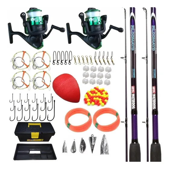 Kit Pesca 2x Reel + 2x Cañas 2 Tramos + Caja Completa Lineas Anzuelos Plomadas Mosquetones